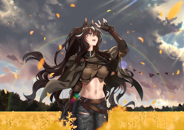 Anime picture 3507x2480 with arknights meteor (arknights) shijie jianfa single long hair fringe highres breasts open mouth black hair smile hair between eyes standing green eyes animal ears payot absurdres sky cloud (clouds) ponytail
