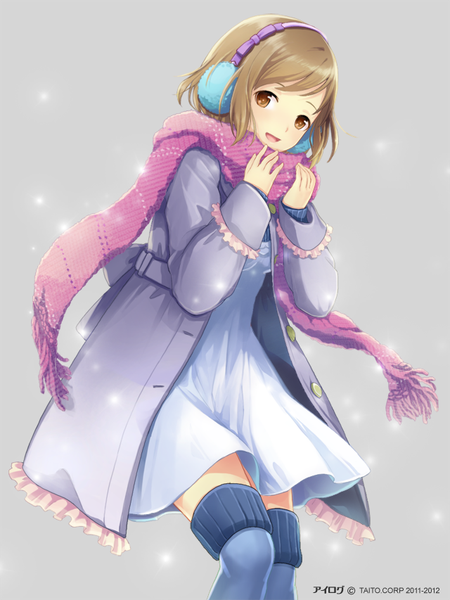 Anime picture 640x853 with ilog nakajyo ako occhan single tall image fringe short hair open mouth simple background brown hair brown eyes grey background leaning leaning forward snowing girl dress belt scarf buttons