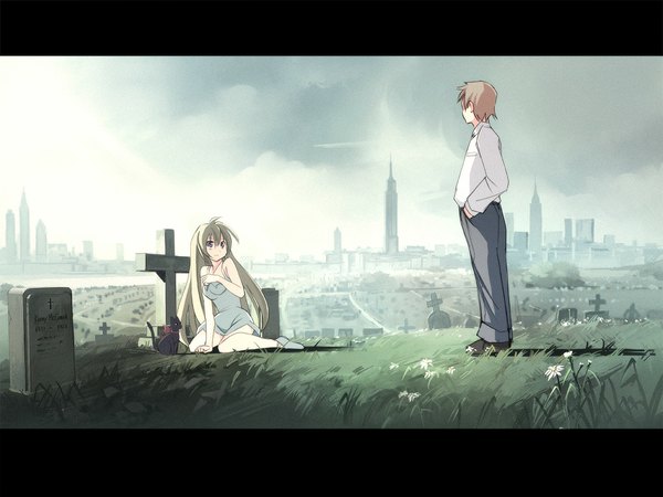 Anime picture 1024x768 with original seo tatsuya long hair short hair blonde hair standing sitting sky shadow city letterboxed cityscape scenic hands in pockets girl dress boy plant (plants) cat grass