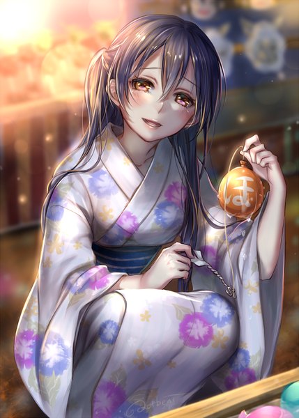 Anime picture 600x839 with love live! school idol project sunrise (studio) love live! sonoda umi ao+beni single long hair tall image looking at viewer blush open mouth black hair brown eyes traditional clothes japanese clothes girl kimono obi water yoyo