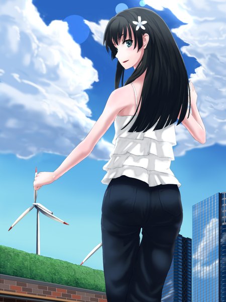 Anime picture 1200x1600 with to aru kagaku no railgun j.c. staff saten ruiko ryou@ryou single long hair tall image blue eyes black hair cloud (clouds) looking back girl pants