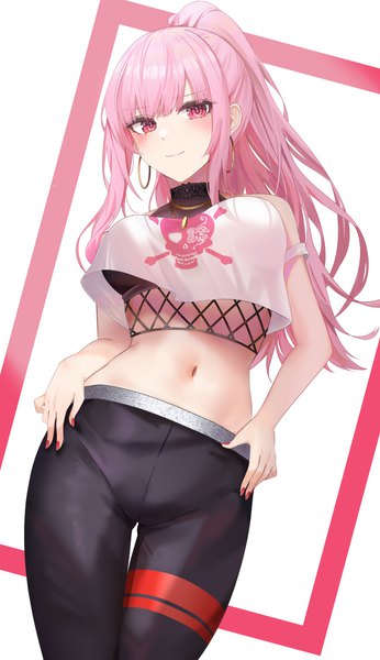 Anime picture 2683x4646 with virtual youtuber hololive hololive english mori calliope mori calliope (streetwear) ru zhai single long hair tall image looking at viewer blush fringe highres breasts simple background smile white background payot pink hair ponytail
