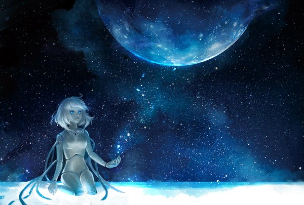 Anime picture 1102x745 with original huahua363 single blue eyes sky white hair night night sky doll joints girl moon star (stars) full moon doll (dolls) android