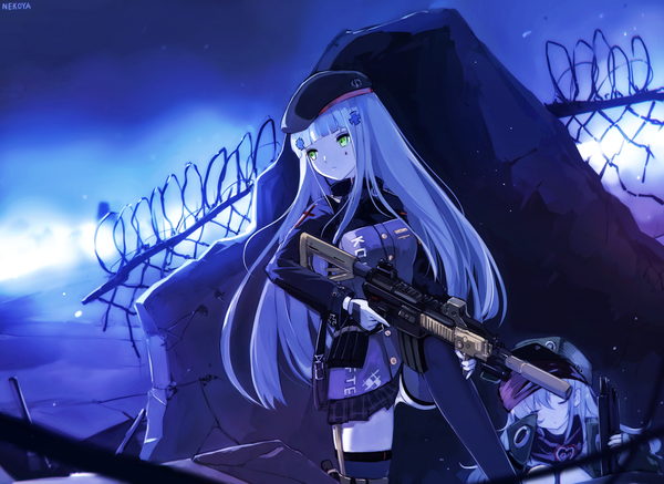 Anime picture 1200x875 with girls frontline hk416 (girls frontline) g11 (girls frontline) nekoya (liu) long hair fringe light erotic multiple girls green eyes signed looking away outdoors blunt bangs eyes closed grey hair pantyshot sleeping rock trigger discipline girl