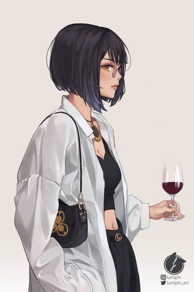 Anime picture 682x1024 with genshin impact gucci kujou sara lumiphi single tall image looking at viewer short hair black hair simple background standing holding signed yellow eyes profile midriff alternate costume twitter username contemporary girl