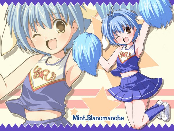 Anime picture 1024x768 with galaxy angel madhouse mint blancmanche short hair animal ears yellow eyes blue hair one eye closed wink loli jumping zoom layer cheerleader navel pompon