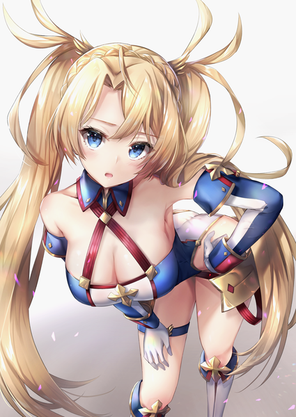 Anime picture 2508x3541 with fate (series) fate/grand order bradamante (fate/grand order) hane yuki single tall image looking at viewer blush fringe highres breasts open mouth blue eyes light erotic simple background blonde hair bare shoulders cleavage ahoge very long hair