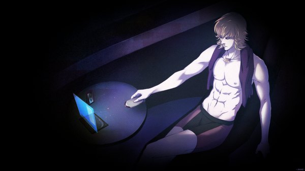 Anime picture 1778x1000 with tiger & bunny sunrise (studio) barnaby brooks jr. escape (artist) single highres short hair light erotic blonde hair wide image sitting bare shoulders nipples eyes closed topless muscle towel around neck boy underwear pendant