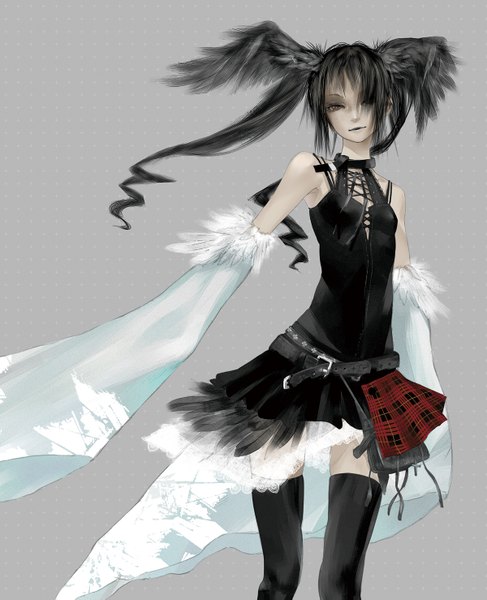 Anime picture 1200x1477 with original redjuice single long hair tall image fringe black hair simple background twintails brown eyes hair over one eye grey background zettai ryouiki gothic girl thighhighs skirt detached sleeves belt