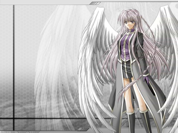 Anime picture 1280x960 with blood royale (game) long hair silver hair grey background wallpaper single braid angel wings silver eyes zoom layer girl gloves wings boots cloak