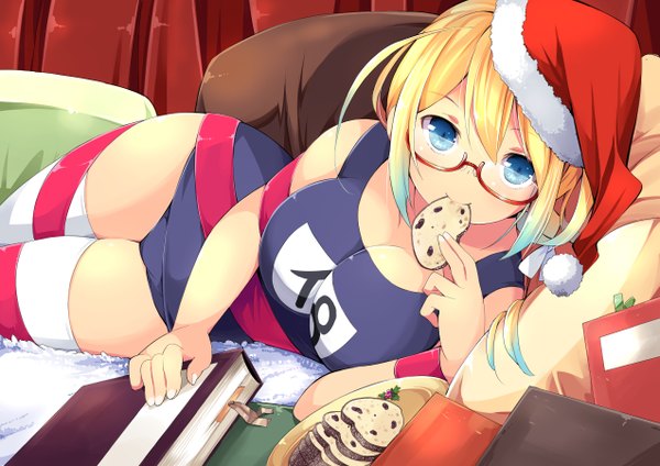 Anime picture 1273x900 with kantai collection i-8 submarine wara (warapro) single long hair looking at viewer breasts blue eyes light erotic blonde hair smile large breasts fur trim girl thighhighs swimsuit white thighhighs glasses fur book (books)
