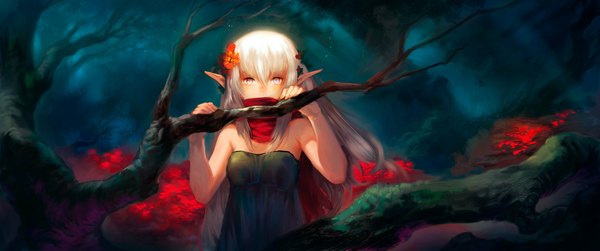Anime picture 2048x857 with original asuka111 single long hair looking at viewer highres wide image bare shoulders white hair pink eyes hair flower pointy ears multicolored eyes girl dress hair ornament flower (flowers) plant (plants) tree (trees) scarf