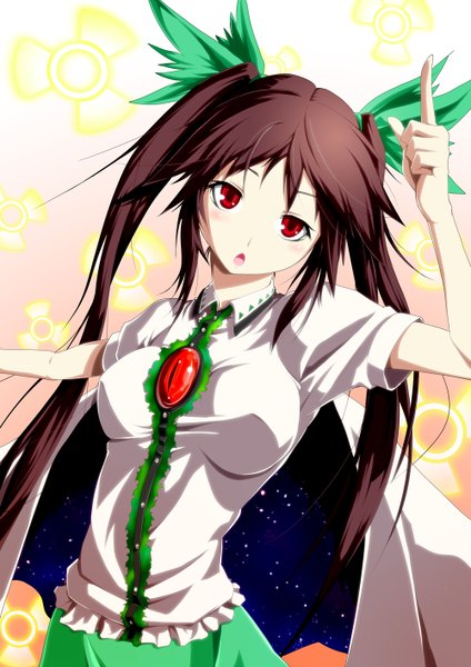 Anime picture 1000x1414 with touhou reiuji utsuho raid zero single long hair tall image blush red eyes brown hair twintails alternate hairstyle starry sky print girl bow hair bow shirt wings radiation symbol