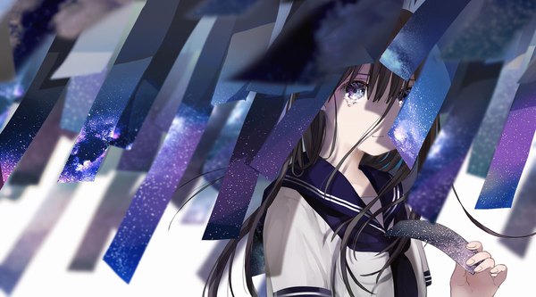 Anime picture 1800x1000 with original yuzua single long hair looking at viewer highres black hair wide image purple eyes holding upper body fingernails wind tears starry sky print space print tanabata girl uniform serafuku