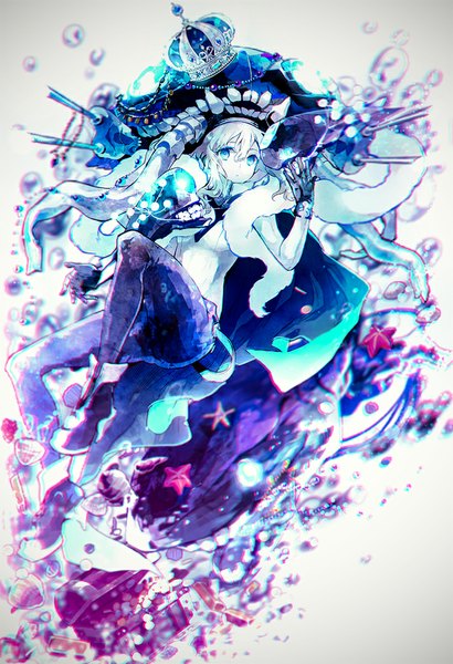 Anime picture 684x1000 with kantai collection wo-class aircraft carrier nosaki tsubasa single long hair tall image looking at viewer blue eyes white hair teeth underwater shinkaisei-kan girl gloves black gloves water shoes cape jewelry bodysuit