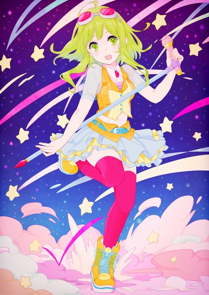 Anime picture 1060x1500 with vocaloid gumi kise (swimmt) single tall image looking at viewer short hair open mouth green eyes ahoge green hair space running girl thighhighs navel miniskirt star (symbol) star (stars) microphone