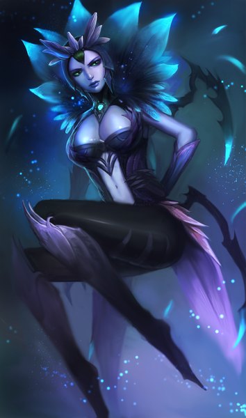 Anime picture 900x1524 with league of legends elise (league of legends) yy6242 single tall image light erotic green eyes looking away lips midriff hand on hip lipstick girl navel petals insect spider
