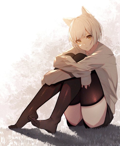 Anime picture 1400x1700 with original kisui single tall image looking at viewer fringe short hair simple background sitting animal ears yellow eyes silver hair full body parted lips sunlight cat ears shadow cat girl no shoes sleeves past wrists