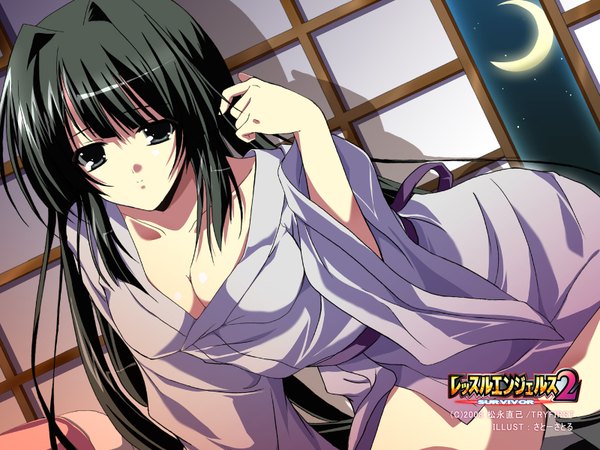 Anime picture 1600x1200 with wrestle angels satoo satoru light erotic cleavage wallpaper yukata kusanagi mikoto