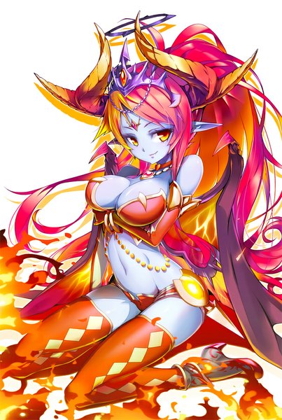 Anime picture 605x900 with puzzle & dragons hera (p&d) hong (white spider) single long hair tall image looking at viewer blush breasts light erotic blonde hair simple background smile large breasts white background sitting yellow eyes red hair multicolored hair horn (horns)