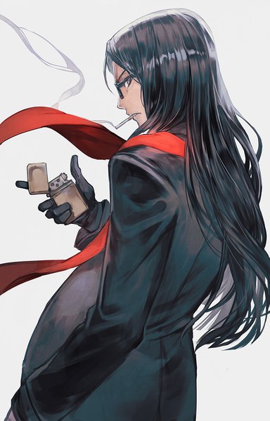 Anime picture 769x1200 with fate (series) fate/zero waver velvet lord el-melloi ii lack single long hair tall image looking at viewer black hair simple background holding profile from behind grey background smoke smoking boy gloves black gloves