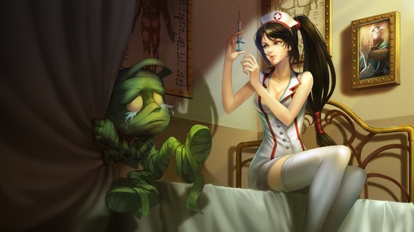 Anime picture 3081x1729 with league of legends akali (league of legends) amumu (league of legends) shen (league of legends) long hair highres black hair wide image sitting green eyes absurdres ponytail tears nurse girl thighhighs white thighhighs bed bandage (bandages) picture