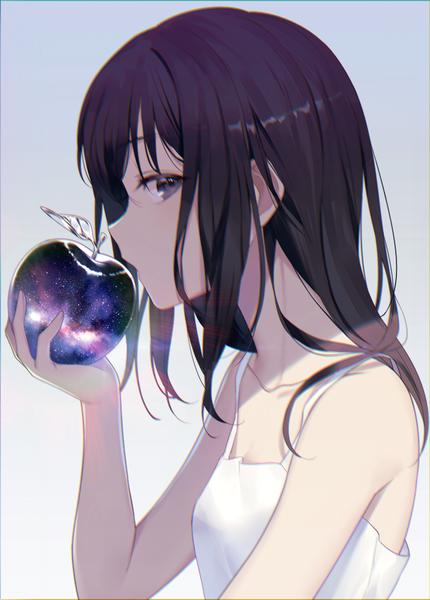 Anime picture 717x1000 with original achiki single long hair tall image looking at viewer fringe black hair simple background hair between eyes holding upper body profile black eyes gradient background starry sky print space print double exposure girl fruit