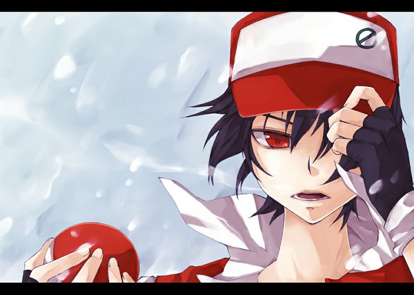 Anime picture 1000x714 with pokemon nintendo red (pokemon) mukkun single fringe short hair open mouth black hair red eyes wind hair over one eye snowing letterboxed winter snow exhalation boy gloves fingerless gloves