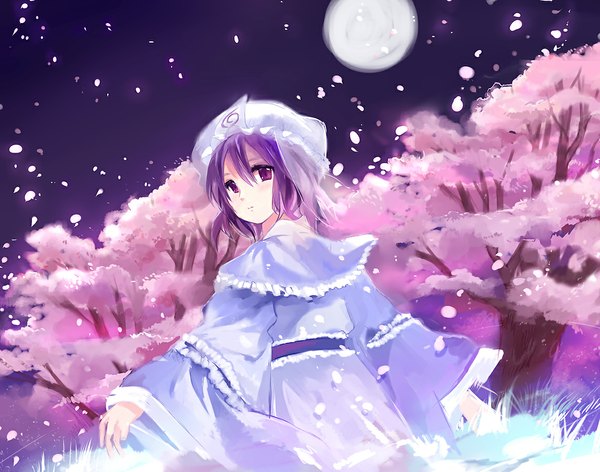 Anime picture 1143x900 with touhou saigyouji yuyuko ume (plumblossom) single blush short hair purple eyes purple hair japanese clothes looking back night cherry blossoms girl dress plant (plants) petals tree (trees) belt moon bonnet