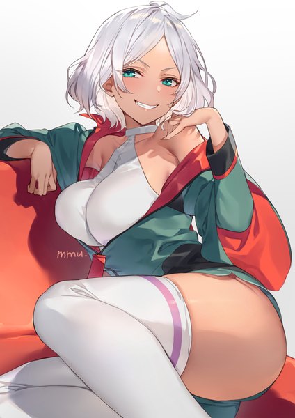 Anime picture 1200x1697 with mobile suit gundam gundam suisei no majo sunrise (studio) secelia dote mmu single tall image looking at viewer short hair light erotic simple background smile white background sitting bare shoulders signed silver hair ahoge aqua eyes grin