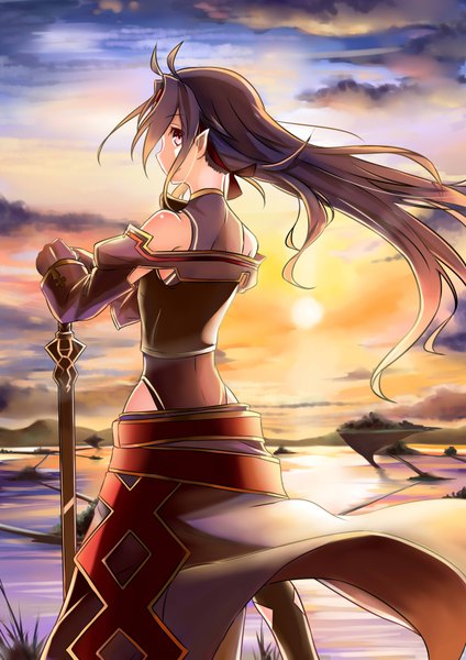 Anime picture 2480x3507 with sword art online a-1 pictures yuuki (sao) jeffrey10 single long hair tall image fringe highres black hair purple eyes bare shoulders sky pointy ears evening sunset mountain floating island girl skirt