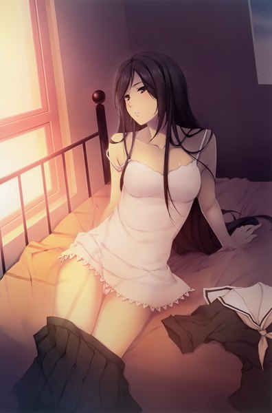 Anime picture 2640x4000 with sugina miki single long hair tall image highres light erotic black hair looking away black eyes sunlight scan arm support official art pantyshot undressing strap slip partial nude girl uniform underwear