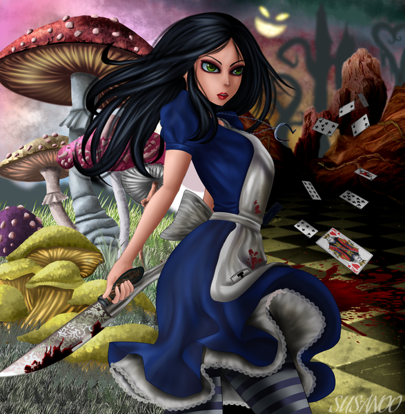 Anime picture 2207x2254 with american mcgee's alice (game) alice: madness returns alice (american mcgee's) susanoo single long hair tall image fringe highres black hair standing holding green eyes signed looking away short sleeves lipstick red lipstick checkered floor floor