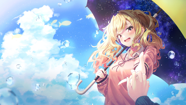 Anime picture 1646x926 with project sekai tenma saki ciawasemono long hair open mouth blonde hair wide image twintails sky cloud (clouds) outdoors :d pink eyes solo focus outstretched hand starry sky print space print double exposure girl umbrella