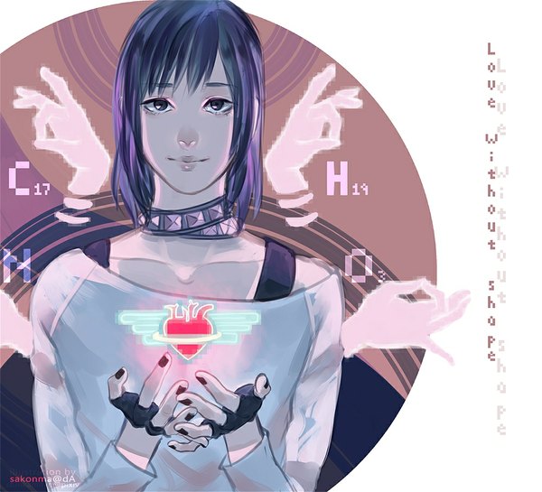 Anime picture 1000x909 with dramatical murder nitro+chiral sei (dramatical murder) single short hair simple background smile blue hair purple hair nail polish light smile lips inscription extra arms boy gloves choker black gloves heart fingerless gloves