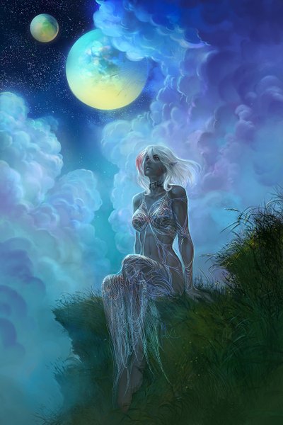Anime picture 900x1350 with original anndr (artist) single long hair tall image red eyes sitting bare shoulders pink hair cloud (clouds) white hair multicolored hair barefoot pointy ears night two-tone hair night sky dark skin face paint girl