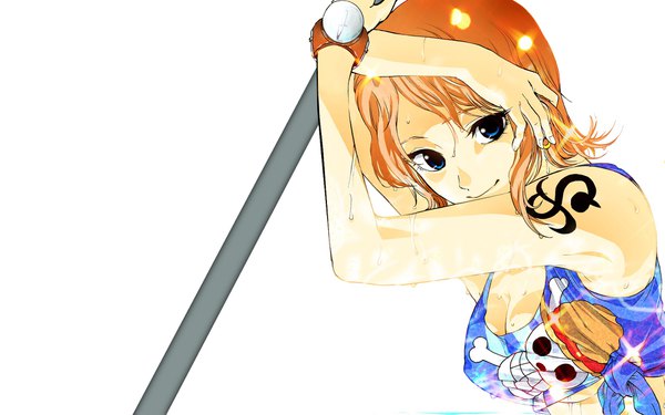 Anime picture 1920x1200 with one piece toei animation nami (one piece) sagatsune single looking at viewer fringe highres short hair breasts blue eyes light erotic simple background smile hair between eyes white background holding payot cleavage upper body