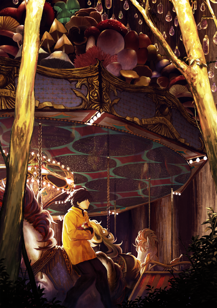 Anime picture 1653x2339 with original takeji single tall image short hair black hair sitting looking away boy gloves plant (plants) animal tree (trees) jacket bird (birds) pants bushes mushroom (mushrooms) light bulb carousel