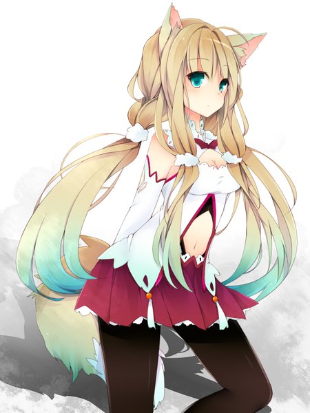 Anime picture 1200x1600 with original leeannpippisum single long hair tall image looking at viewer blush simple background blonde hair white background bare shoulders animal ears multicolored hair aqua eyes cat ears shadow girl thighhighs navel