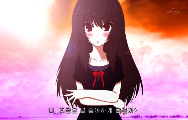 Anime picture 2500x1592 with original toyokawa itsuki (p mayuhime) single long hair looking at viewer blush highres black hair red eyes inscription girl dress