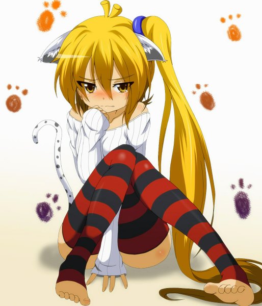 Anime picture 1200x1400 with vocaloid akita neru dr. cryptoso single tall image blush light erotic blonde hair sitting bare shoulders animal ears yellow eyes ahoge ponytail tail very long hair animal tail barefoot embarrassed tears