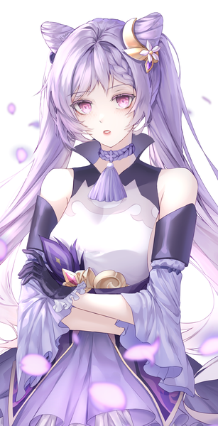 Anime picture 1466x2862 with genshin impact keqing (genshin impact) ha yusa single long hair tall image looking at viewer blush fringe breasts simple background large breasts standing white background purple eyes twintails bare shoulders payot purple hair blunt bangs