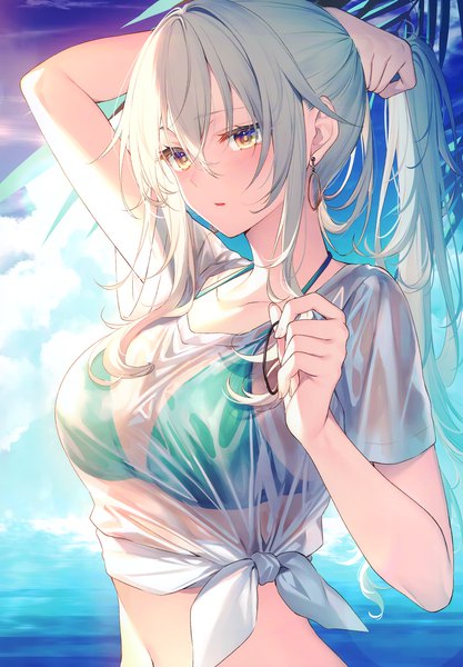 Anime picture 2406x3464 with original toosaka asagi single long hair tall image blush fringe highres breasts open mouth light erotic hair between eyes large breasts holding yellow eyes payot looking away sky silver hair cloud (clouds)