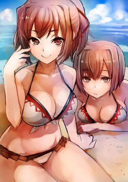 Anime picture 845x1200 with kantai collection hyuuga battleship ise battleship taishi (picchiridou) tall image looking at viewer short hair breasts light erotic smile brown hair sitting bare shoulders multiple girls brown eyes cleavage ponytail lying bare belly beach