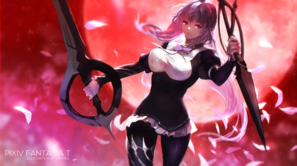 Anime picture 1701x957 with original pixiv fantasia pixiv fantasia t swd3e2 single long hair looking at viewer highres wide image purple eyes purple hair red moon girl dress weapon sword moon feather (feathers)