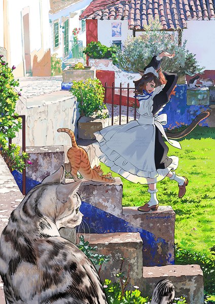 Anime picture 849x1200 with original kaisen single tall image short hair open mouth smile brown hair standing green eyes animal ears full body outdoors tail :d animal tail cat ears arms up maid cat girl