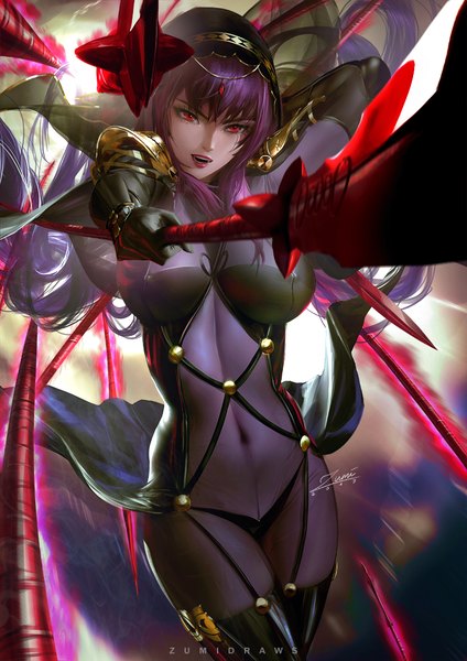 Anime picture 764x1080 with fate (series) fate/grand order scathach (fate) (all) scathach (fate) zumi (zumidraws) single long hair tall image fringe breasts open mouth light erotic hair between eyes red eyes large breasts standing holding signed looking away purple hair