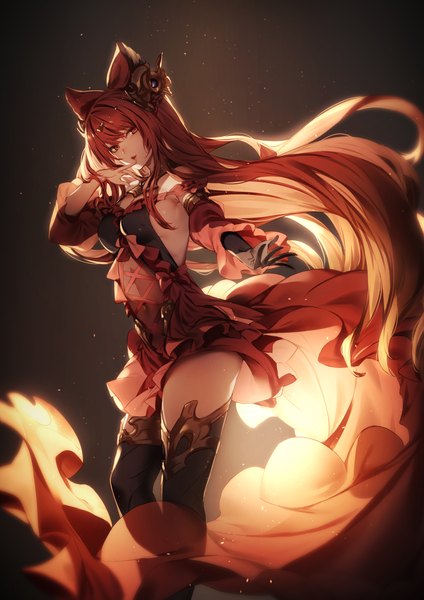 Anime-Bild 1400x1980 mit granblue fantasy anthuria kyouya (mukuro238) single long hair tall image looking at viewer fringe breasts open mouth light erotic simple background red eyes standing bare shoulders animal ears red hair arm up covered navel black background