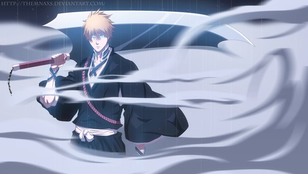 Anime picture 3000x1696 with bleach studio pierrot kurosaki ichigo themnaxs single highres short hair brown hair wide image japanese clothes aqua eyes coloring smoke rain boy weapon belt kimono chain huge weapon