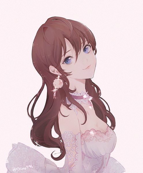 Anime picture 1000x1209 with idolmaster idolmaster cinderella girls ichinose shiki shino (mufn5785) single long hair tall image looking at viewer fringe simple background hair between eyes brown hair purple eyes signed cleavage upper body head tilt light smile sparkle twitter username
